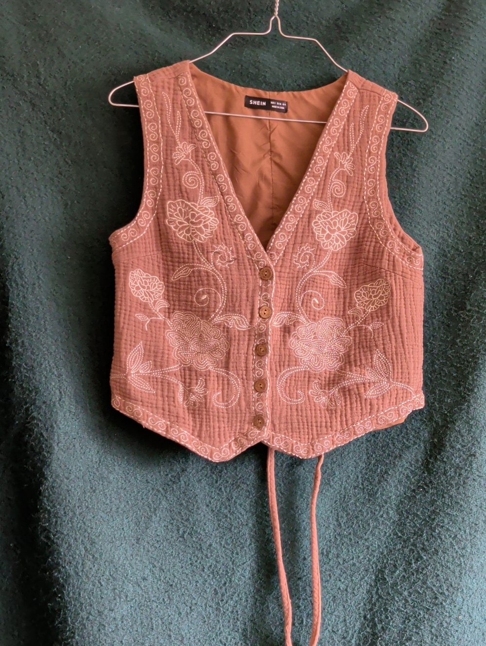 SHEIN Rust Embroidered Button-Front Crop Vest
